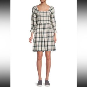 Madewell Green and White Plaid Smocked Square-Neck Mini Dress